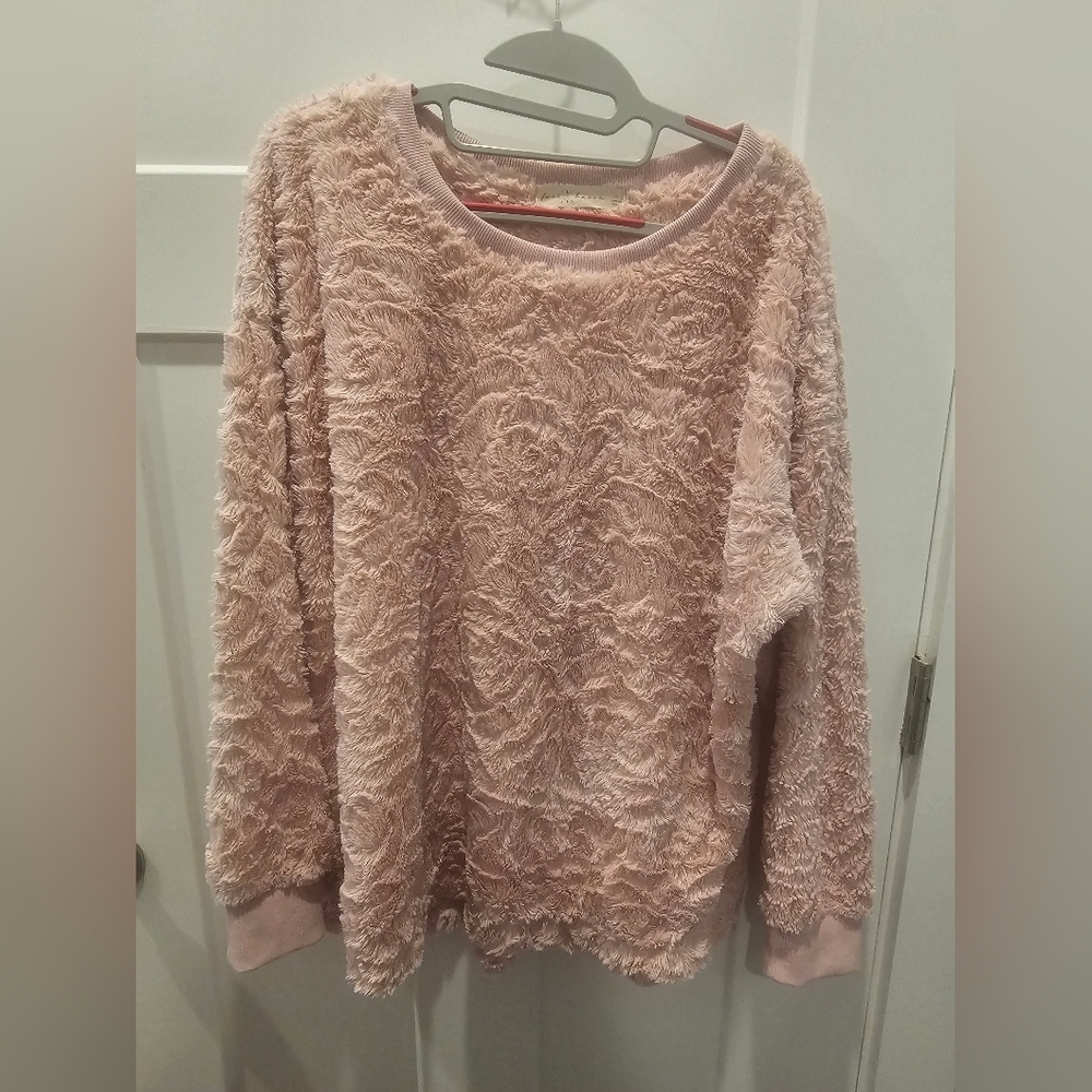 Fair Haven 1XL Pink Fuzzy Textured Pullover Sweater – Cozy Plush Soft Knit Top
